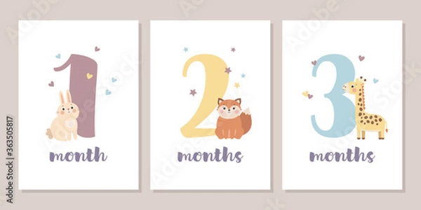 Fototapeta Cute baby month anniversary card with numbers and animals, 1 - 12 months, vector illustration