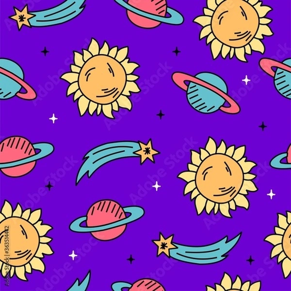 Fototapeta Vector seamless pattern with planets. Space background. Cartoon, bright print.