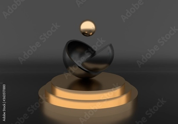 Fototapeta 3D rendered studio with geometric shapes, podium on the floor. Abstract composition with black glossy hemispheres.