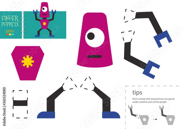 Fototapeta Cut and glue paper vector toy. Cute robot character as a cardboard cutout model