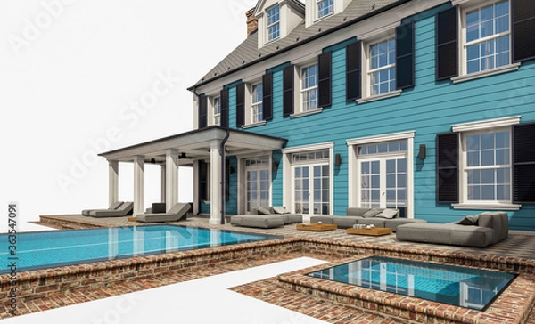 Fototapeta 3d rendering of modern cozy classic house in colonial style with garage and pool for sale or rent. Isolated on white.