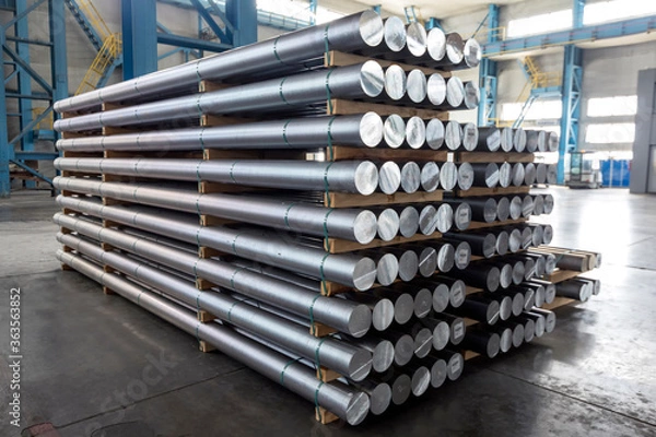 Fototapeta Billets of aluminium in the factory. The Hall–Heroult process produces aluminium with a purity of above 99%. Further purification can be done by the Hoopes process.