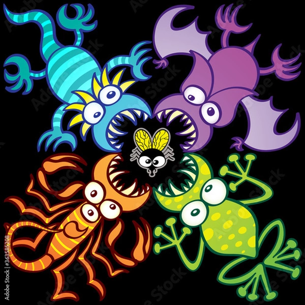 Fototapeta Scary blue lizard, purple bat, green frog and orange scorpion attacking a defenseless housefly from four sides. They form a colorful odd design module that can be tiled as a pattern to the infinity