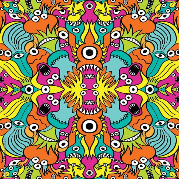 Fototapeta Colorful seamless pattern design composed by crazy weird creatures such as monsters, aliens and fishes. They are aligned using two axes of symmetry creating 3 mirrored images from the original one