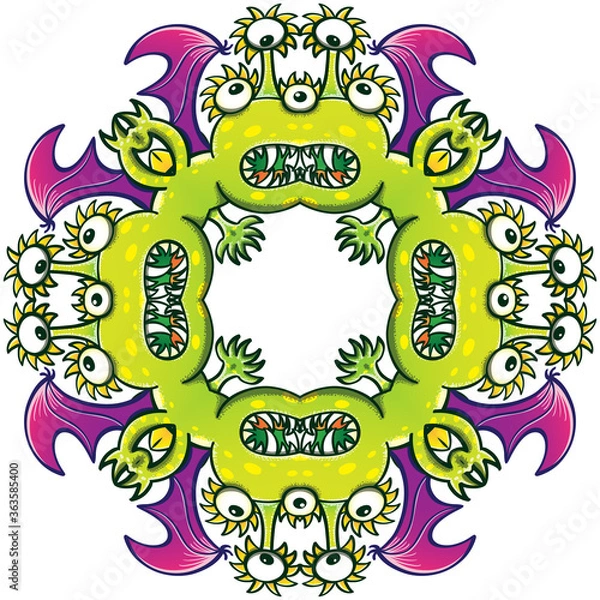 Fototapeta Chain of weird dragons with sharp fangs and bat wings forming a circular pattern. They are all merging to give birth to a single complex form composed by eight monstrous individuals