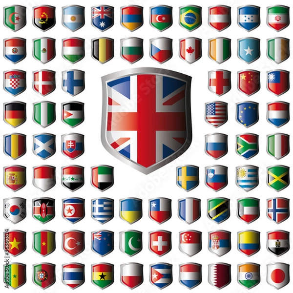 Fototapeta Shiny shield flags with metal frame collection -  vector illustr