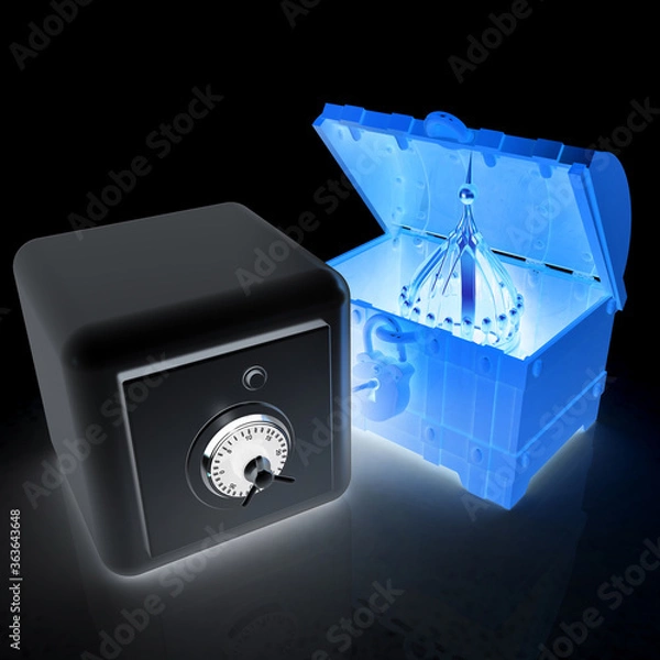 Fototapeta Chest, safe and crown. Money saving concept. 3d render. On a black background.