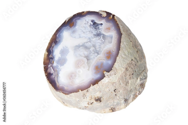 Fototapeta Agate specimen with geode of Quartz crystals. Isolated on white background