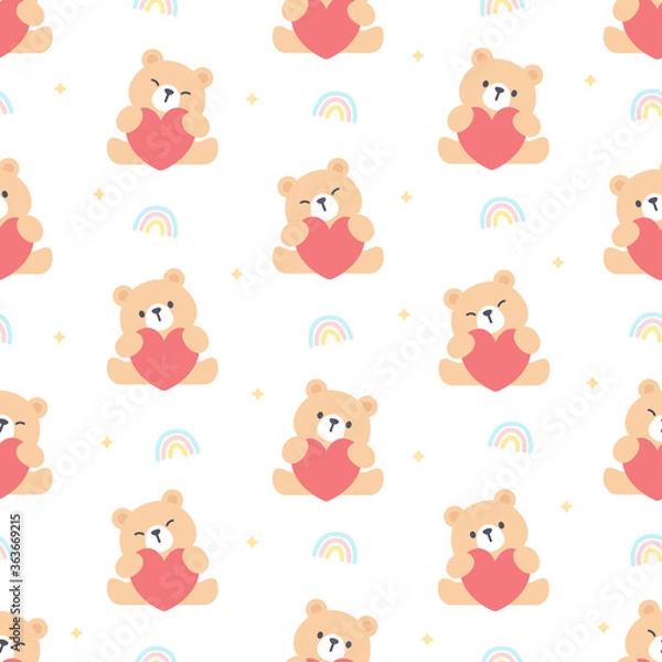 Fototapeta Bear hugging heart seamless pattern background