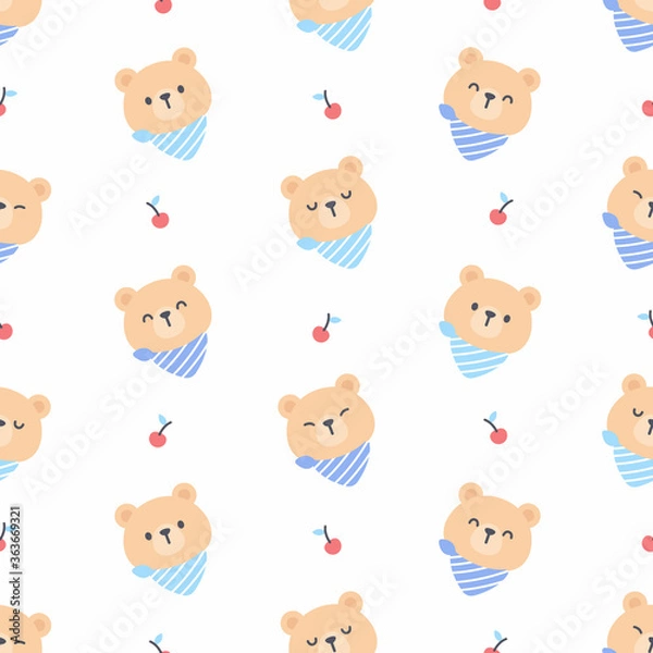 Obraz Cute bear with cherry seamless pattern background