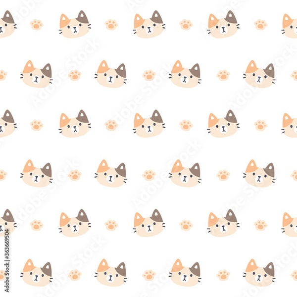 Obraz Cute kitty cat and paws footprint seamless pattern background