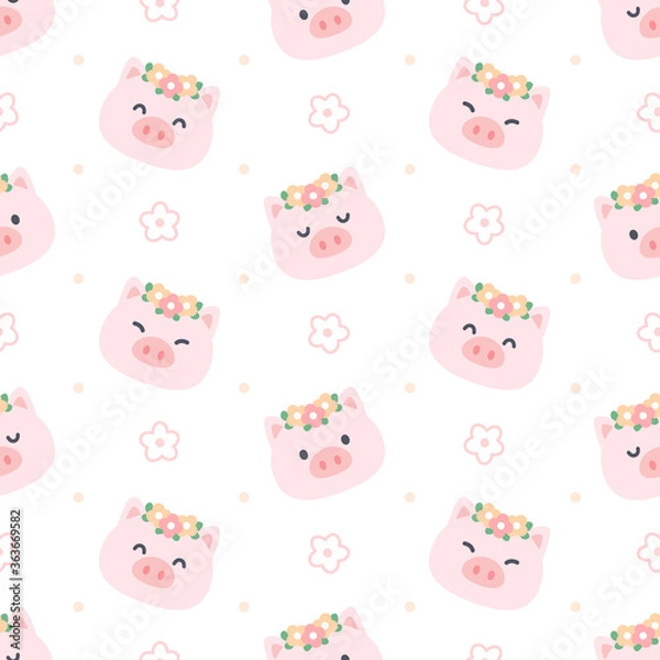 Obraz Cute pig with flower crown seamless pattern background
