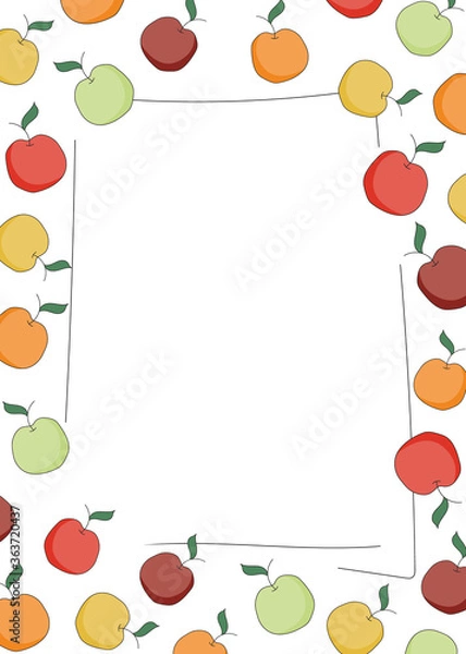 Fototapeta Doodle cartoon hipster style frame border ornament illustration. Red, orange, yellow green apples. Bar restaurant menu, card, farmers market food decor. A4 size with free blank copy space for text