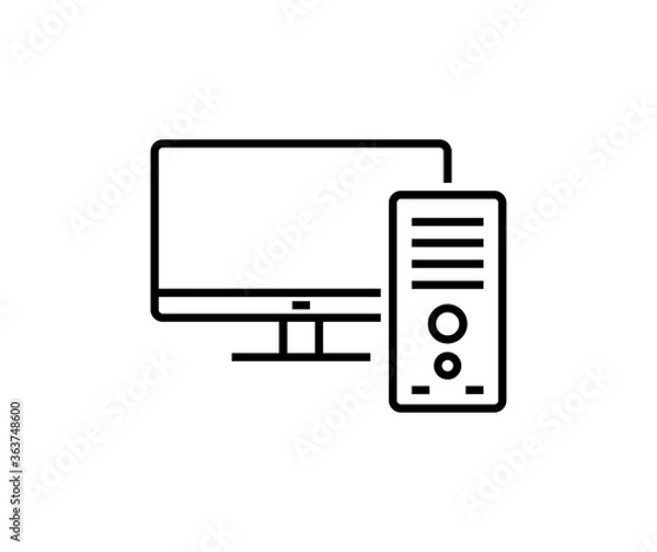 Obraz Desktop computer and processor. Vector outline icon.