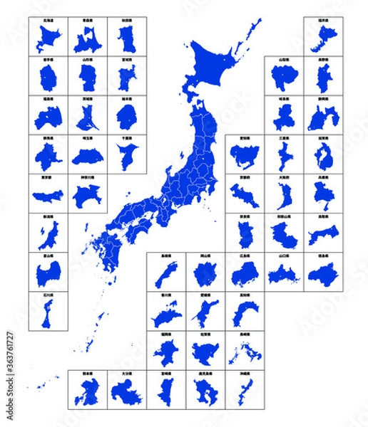 Fototapeta 日本の47都道府県シルエット地図　県庁所在地も入っています