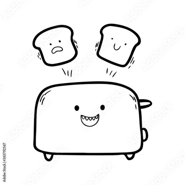 Obraz A Doodle-style toaster isolated on a white background. Mascot of a happy toaster with sandwich bread. Can be used for printing on t-shirts or other clothing or fabric. Vector illustration.