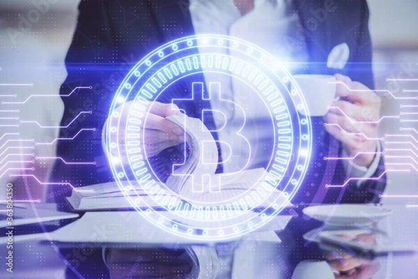 Fototapeta Man's hands working with notes background. Cryptocurrency and finance concept.