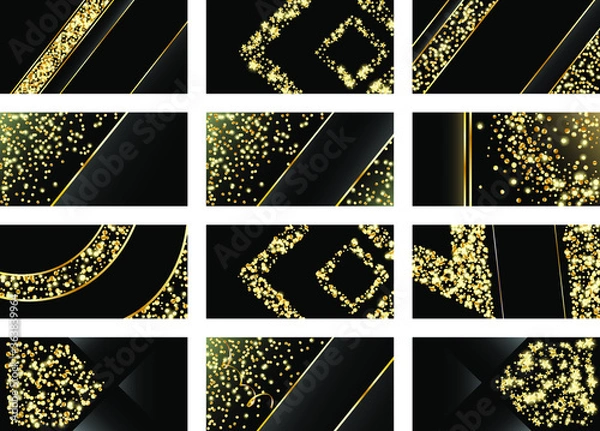 Obraz Luxury background, design for cards, business cards, invitations. Golden Confetti, Serpentine. Golden stars. Abstract texture on a black background, place for text. Vector, EPS 10.