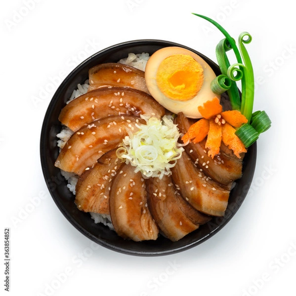 Fototapeta Chashu Don Rice with boiled Pork in brown sauce recipe served Egg