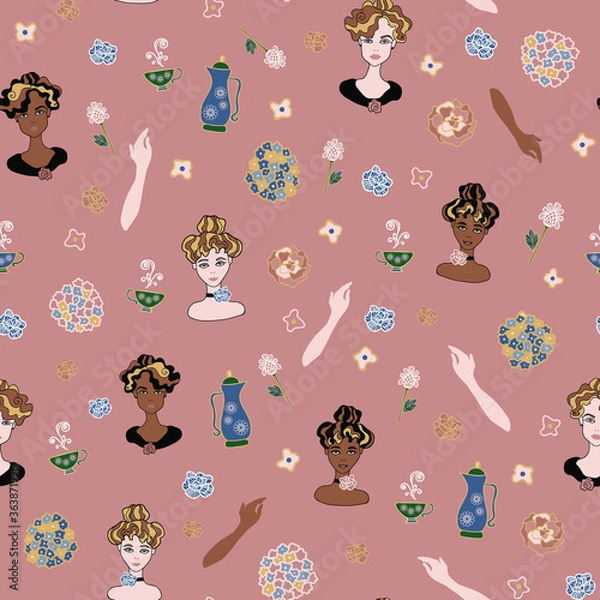 Fototapeta Vector ladies Art Deco tea party rose scattered seamless background pattern