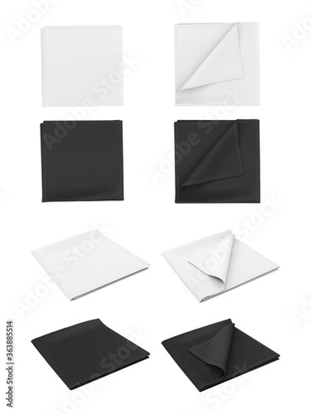 Obraz Black and white set of scarf, shawl, kerchief, bandana, handkerchief, rag, cloth, towel, napkin. Template for design presentation. Different angle. 3d render.