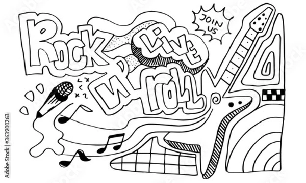 Fototapeta Rock'n'roll sign and doodle style for banner,invitation,concept design on white background.