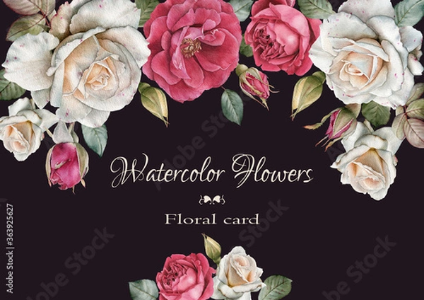 Obraz Floral greeting card with watercolor white and pink roses. Frame with flowers. Illustration