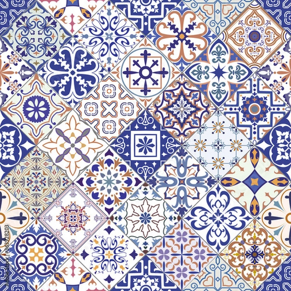 Fototapeta Seamless tiles background in portuguese style. Mosaic pattern for ceramic in dutch, portuguese, spanish, italian style.