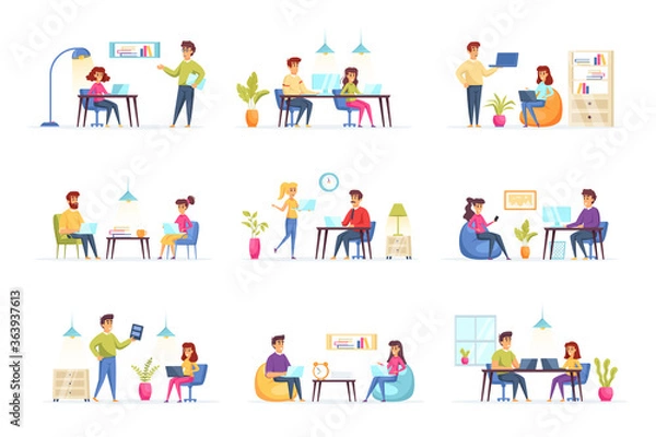 Fototapeta Coworking office bundle with people characters. Designers and developers communicate and working together in coworking space situations. Emploees and frelancers at workplace flat vector illustration