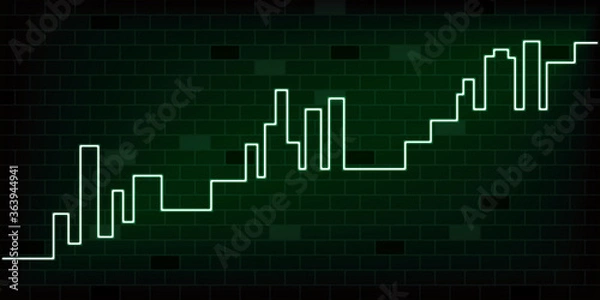 Fototapeta Concept of  real estate business and properties market price growth. Design by green neon light look like chart of value rising up with homes and condiminium buildings on black brick wall. Vector