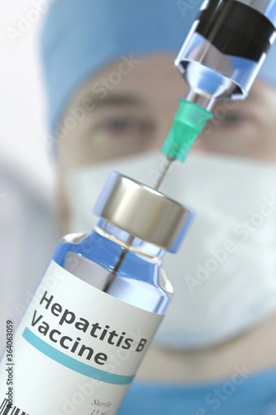 Fototapeta Vial with hepatitis B vaccine and syringe against blurred doctor's face. 3D rendering