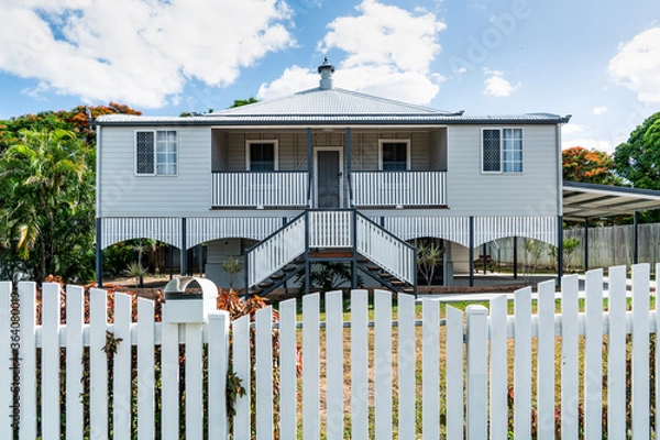 Fototapeta Fully renovated old traditional Queenslander style home with new paling fence