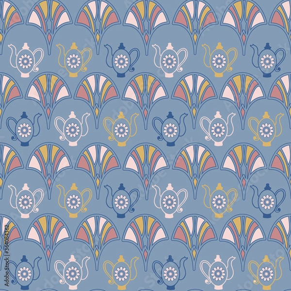 Obraz Art deco blue -pink shell and teapot seamless repeat pattern background