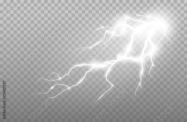 Obraz Realistic lightning and thunder strike. Electric discharge set of vector abstract illustration.