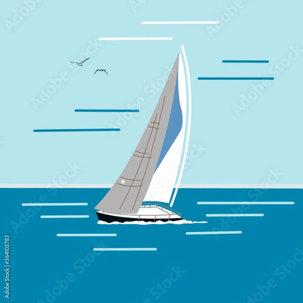 Obraz Yacht in the blue shining sea. Vector illustration.