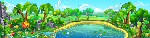 Obraz Vector panorama of a tropical forest with a lake. Fantastic flowers and other plants
