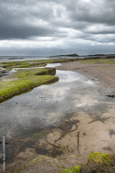 Fototapeta The tide has turned at Low Newton-by-the-Sea but clouds are heavy before the rain on a warm summers day.