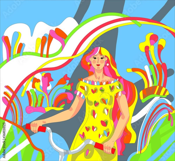 Fototapeta Funny smiling girl dressed in stylish riding bicycle with flower. Cute happy young woman on bike. Adorable female bicyclist. Flat cartoon colorful vector illustration.