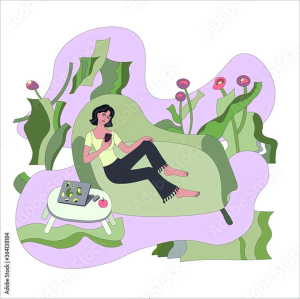 Fototapeta Stay at home concept series. Girl  surfing the internet lying in couch.Freelancer character working from home.