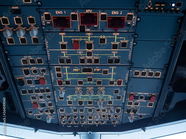 Fototapeta overhead panel of aircraft cockpit, smart cockpit. all switch details.