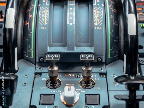 Fototapeta start engine switch of aircraft cockpit. cockpit console. center pedestal. 