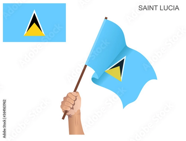 Fototapeta Flag of the State of Saint Lucia raised with a stick held by hand to ignite the spirit of state
