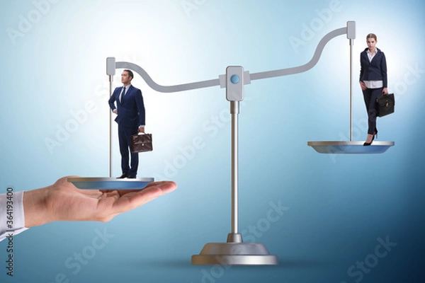 Fototapeta Work inequality concept with man and woman on scales