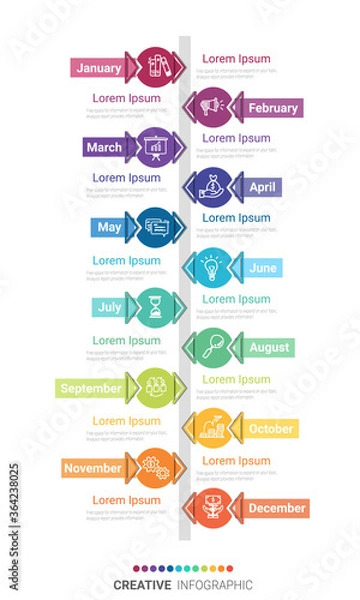 Fototapeta Timeline for 1 year, 12 months, infographics all month planner design and Presentation business can be used for Business concept with 12 options, steps or processes. 