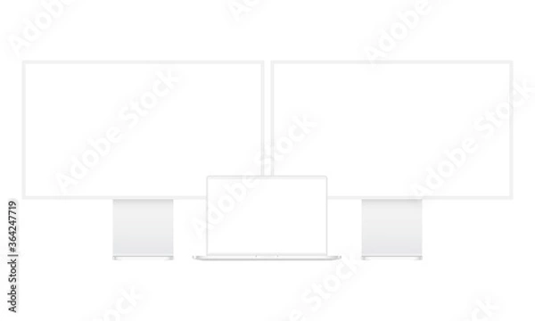 Obraz Modern clay computer monitors and laptop mockup isolated on white background, front view. Vector illustration