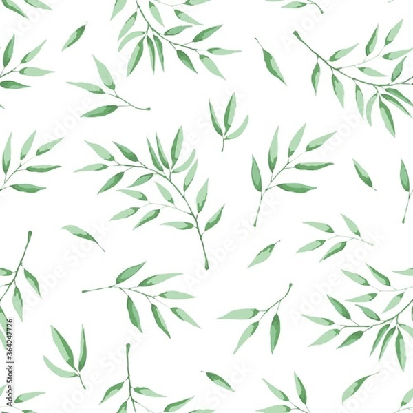 Fototapeta Seamless pattern with leaves. Vector illustration in watercolor painting style. Background for packaging, textiles, printing products with a delicate watercolor drawing of green leaves.
