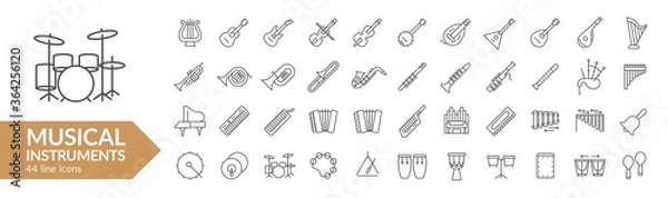 Fototapeta Zestaw ikon linii instrumentu muzycznego. Smyczki, instrumenty dęte, instrumenty klawiszowe, instrumenty perkusyjne. Ilustracji wektorowych. Kolekcja