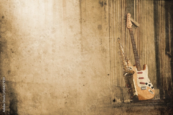 Fototapeta stary grungy saksofon z gitarą elektryczną w stylu retro