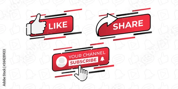 Obraz Like, Share, Comment, Subscribe and share icon button vector illustration. Set of social media button or icon vector illustration design template for video channel, blog and background banner concept