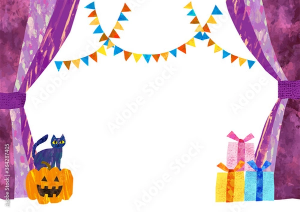 Obraz ベクター　紫色のカーテンのイラストフレーム　ハロウィンの背景素材　